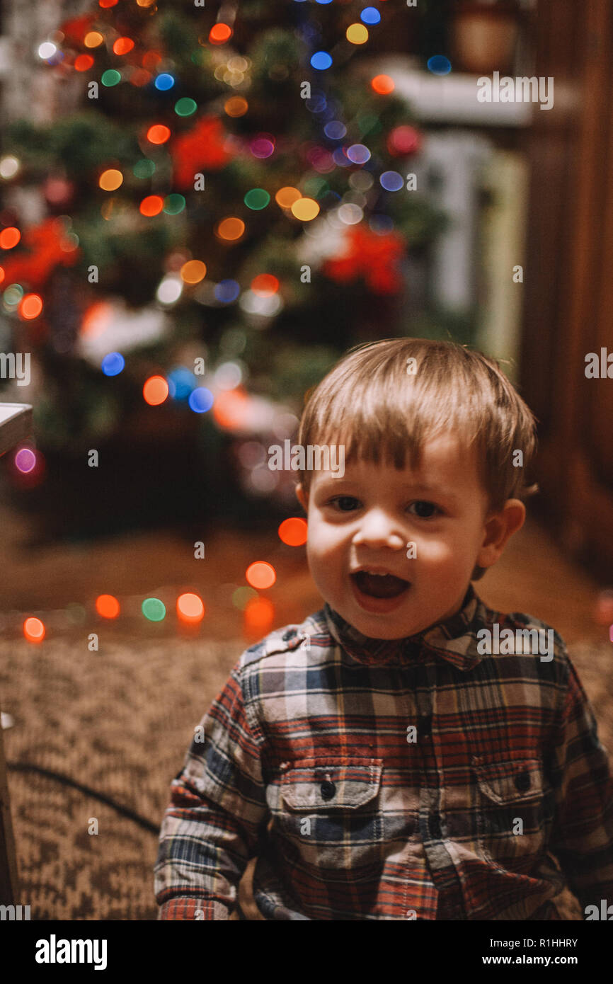 Baby boy playing at home during Christmas holidays Stock Photo