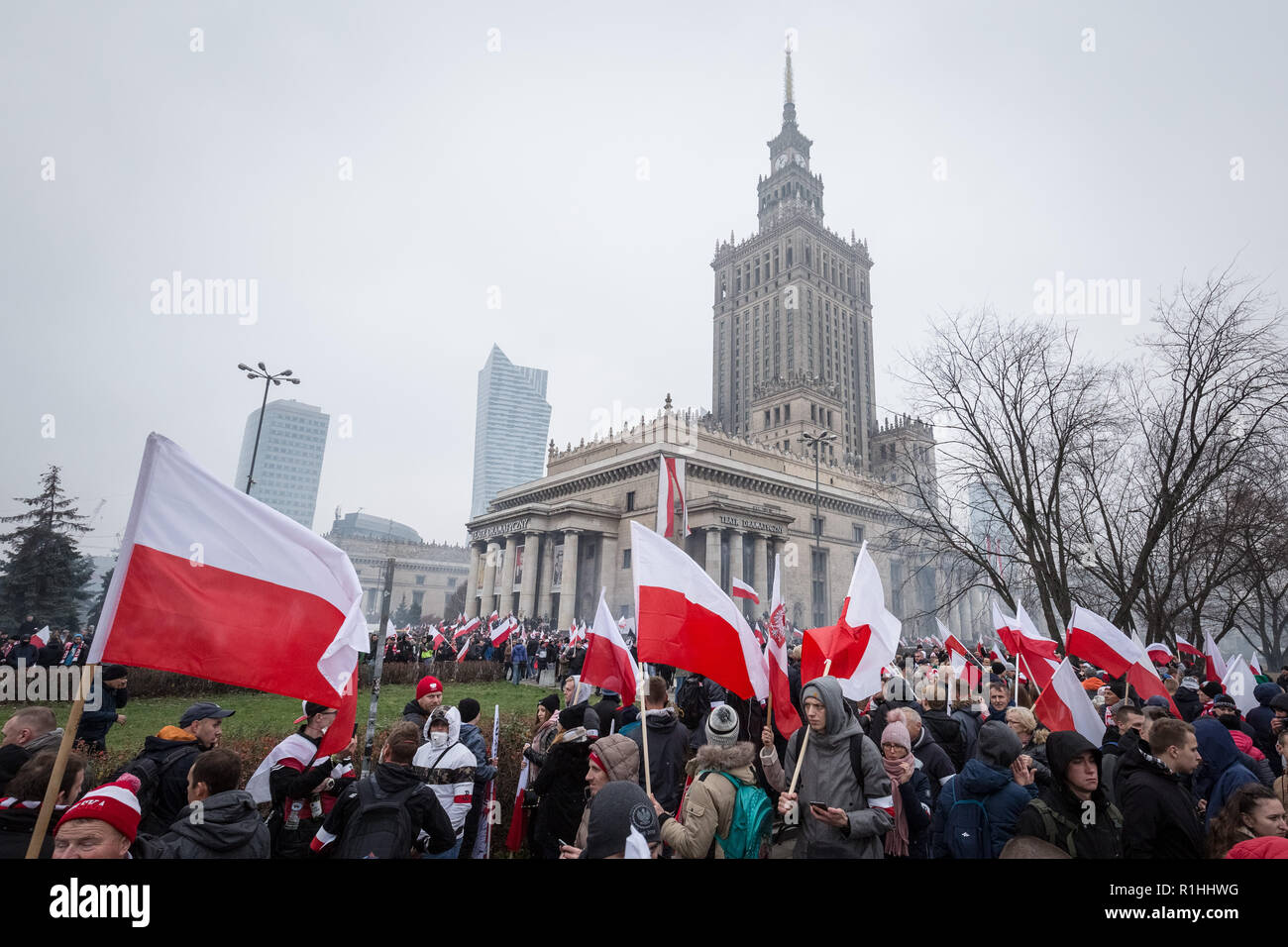 Tens of thousands join the 100th anniversary March of Independence organised by Poland's nationalists. Stock Photo