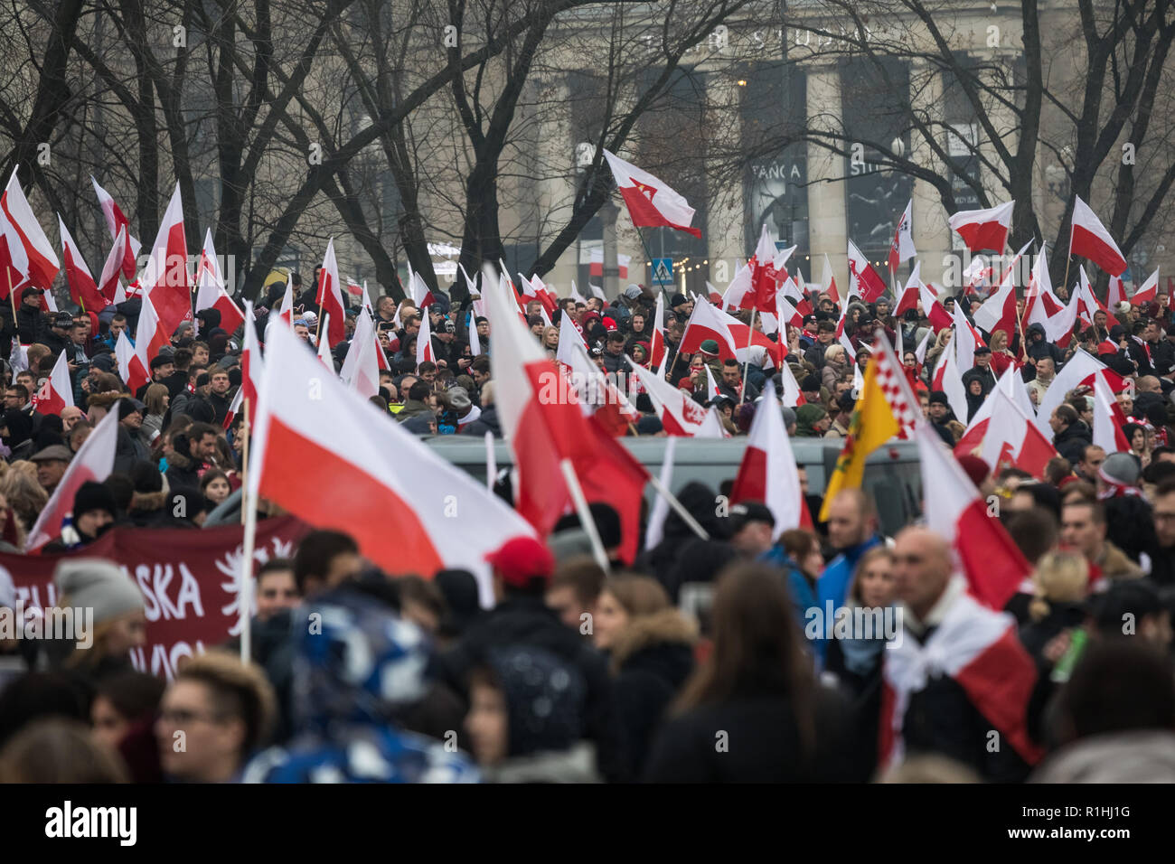 Tens of thousands join the 100th anniversary March of Independence organised by Poland's nationalists. Stock Photo