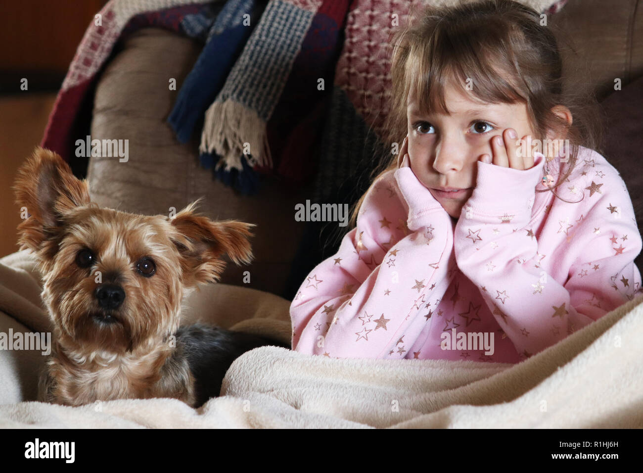 Child sitting in recliner with her best friend Stock Photo