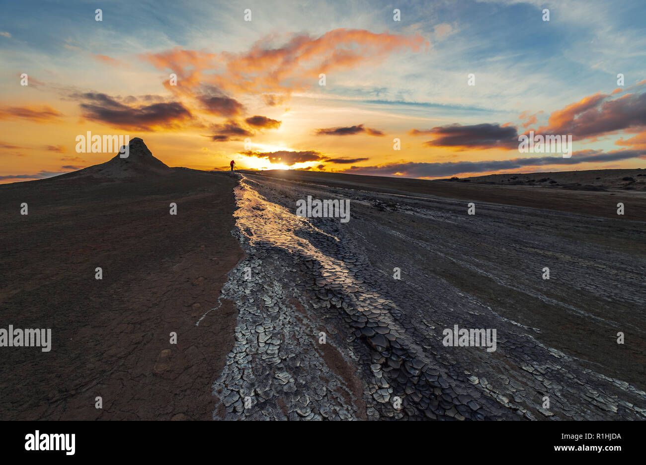 Mud volcanoes at sunset,  amazing natural phenomenon Stock Photo