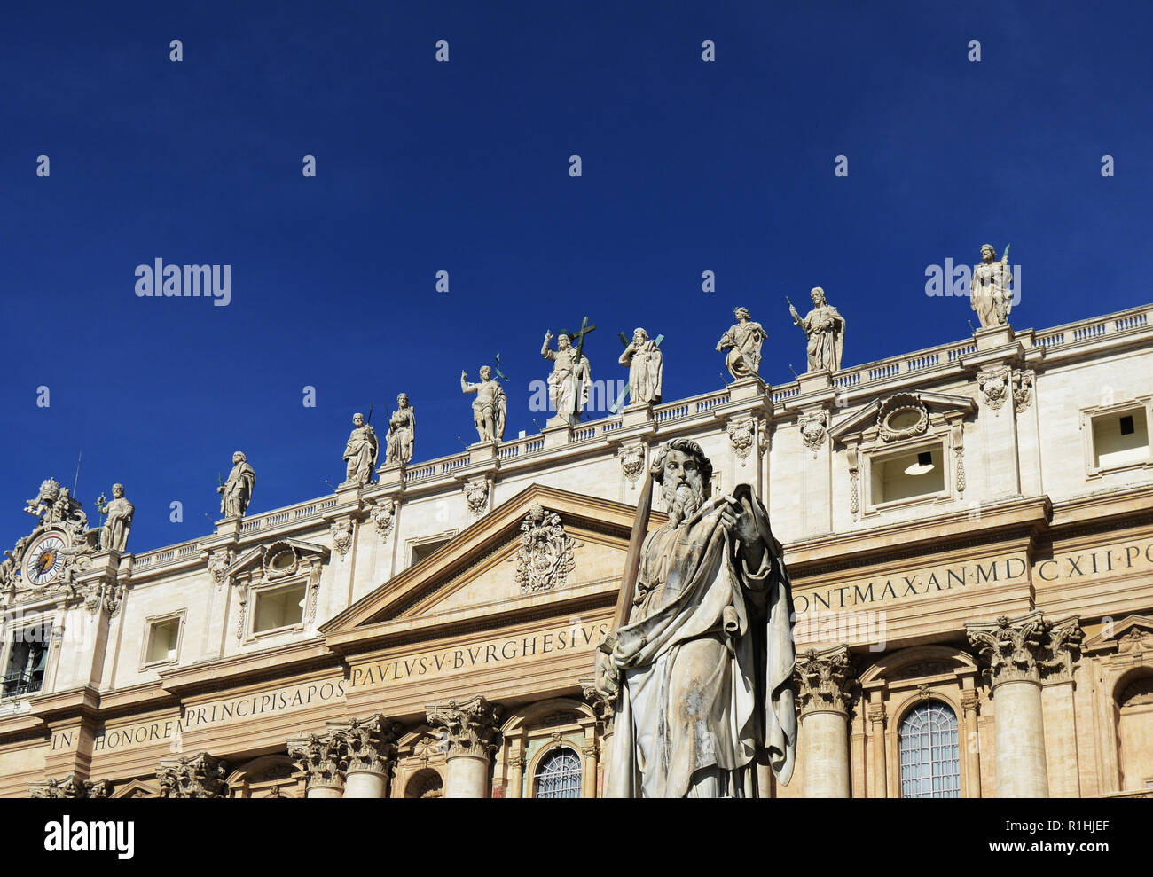 Statue of St. Paul with sword at the Vatican in front of St. Peter's Basilica in Rome, Italy Stock Photo
