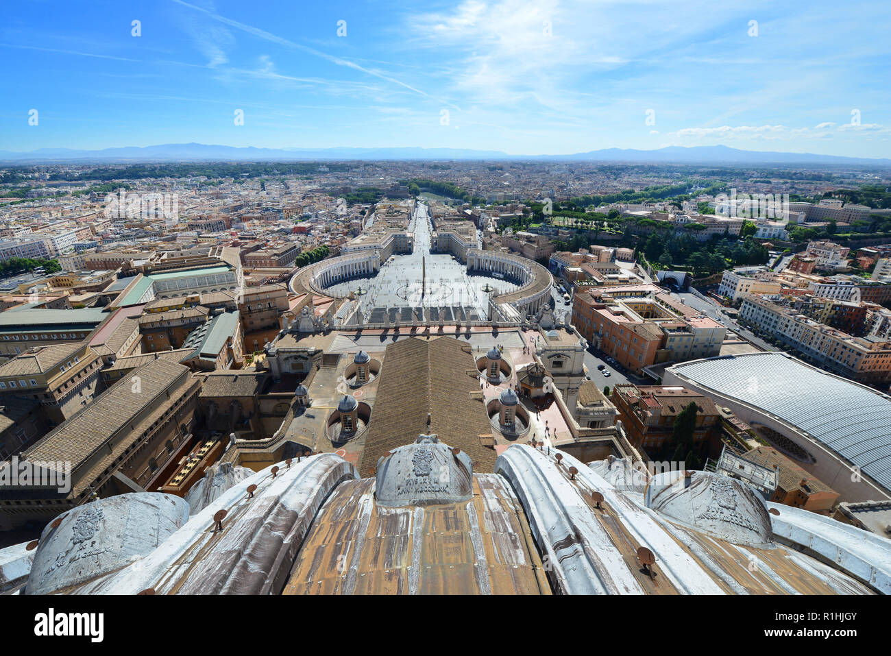 A view of Saint Peter's sq. and Rome as seen from the top of the dome