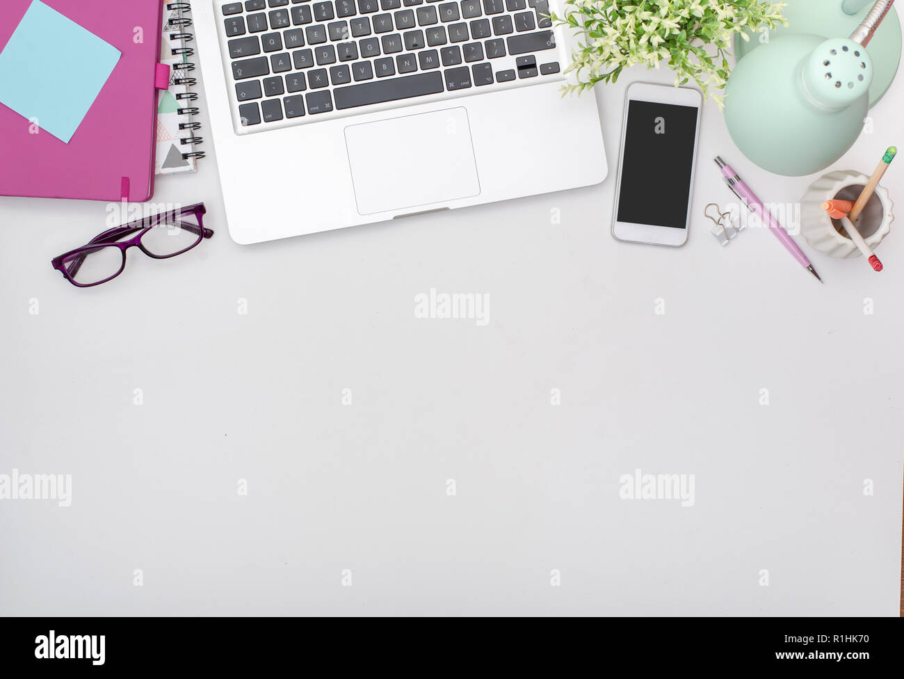 Top view home office desk mobile web design template Stock Photo