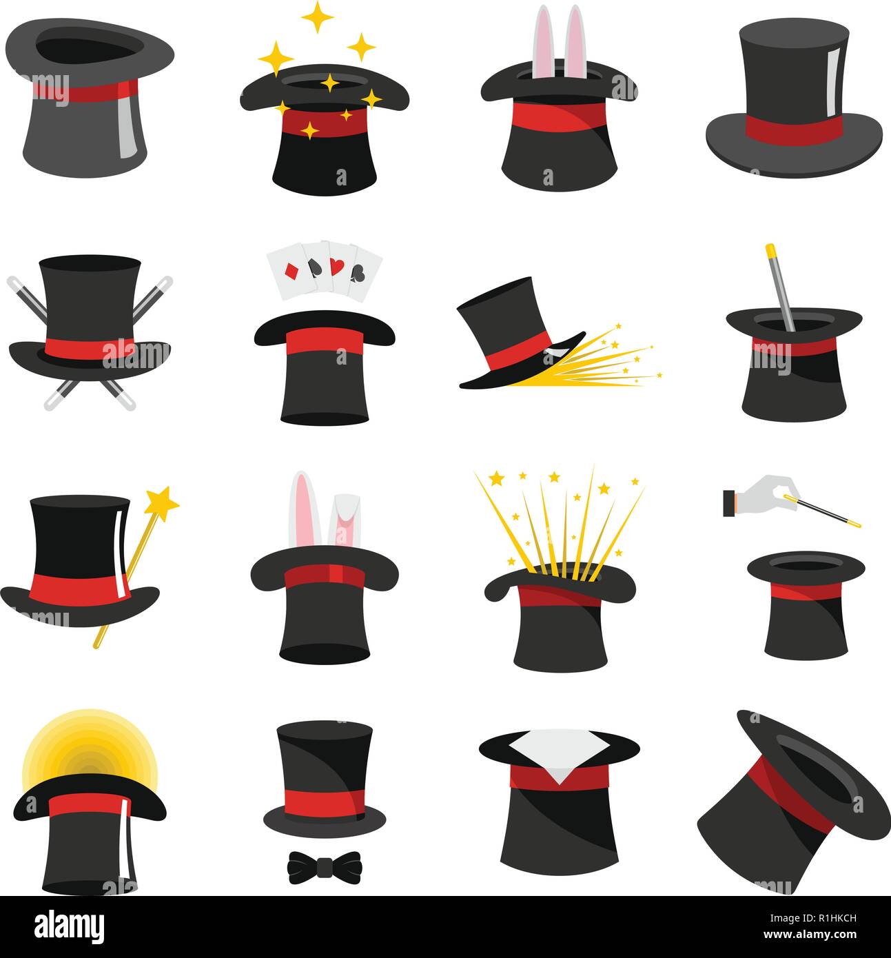 Magician hat sorcery icons set. Flat illustration of 16 magician hat sorcery vector icons for web Stock Vector