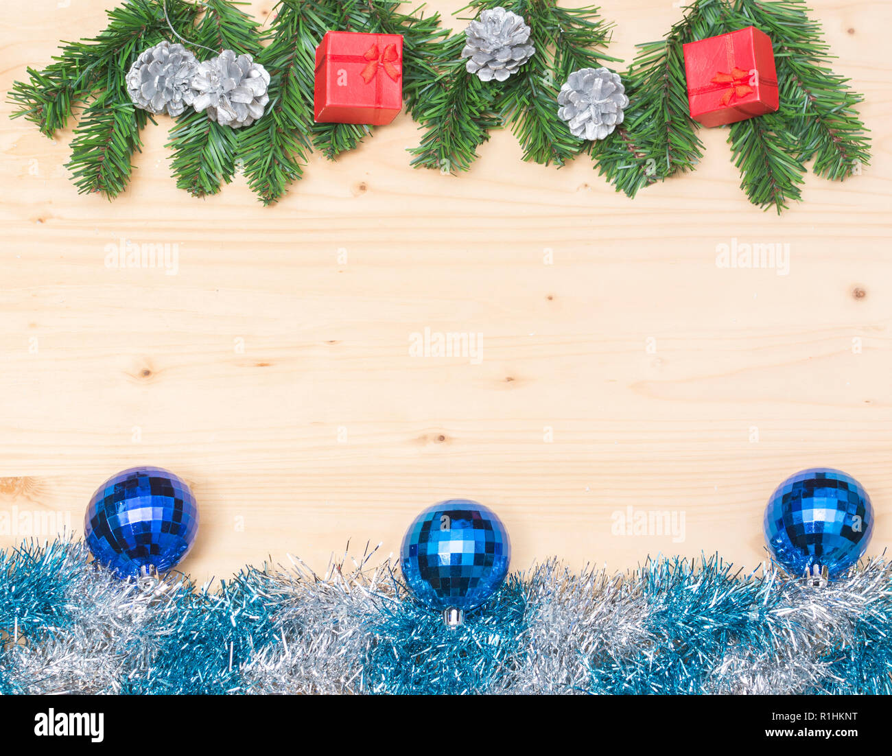 Festive Decoration And Fir Branches On Wooden Christmas Theme Background Stock Photo Alamy