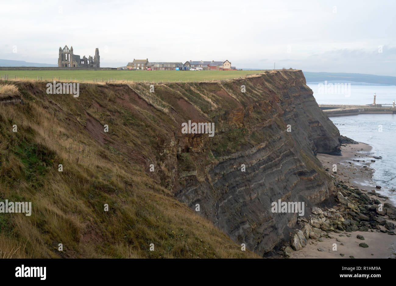 The East Cliffs south east of Whitby showing geological bedding planes, Whitby, North Yorkshire, England, UK Stock Photo