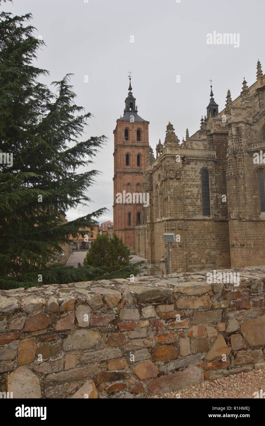 Cathedral From The Top Of The Palace Wall In Astorga. Architecture, History, Camino De Santiago, Travel, Street Photography. November 1, 2018. Astorga Stock Photo