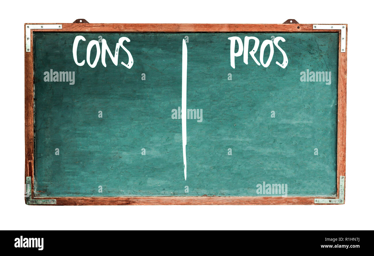 pros and cons text words in white written on wide green old grungy