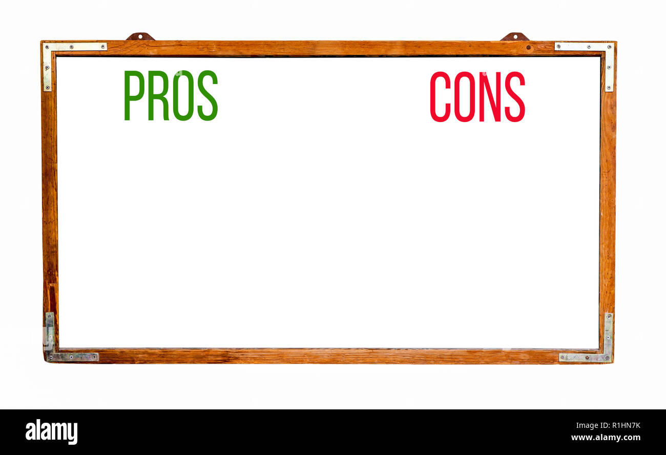 Pros and cons text words written on white wide old grungy vintage wooden empty chalkboard frame