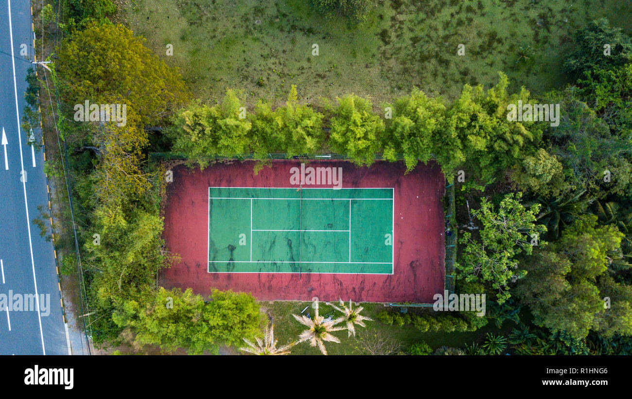 Old tennis court shot in bird's eye view Stock Photo