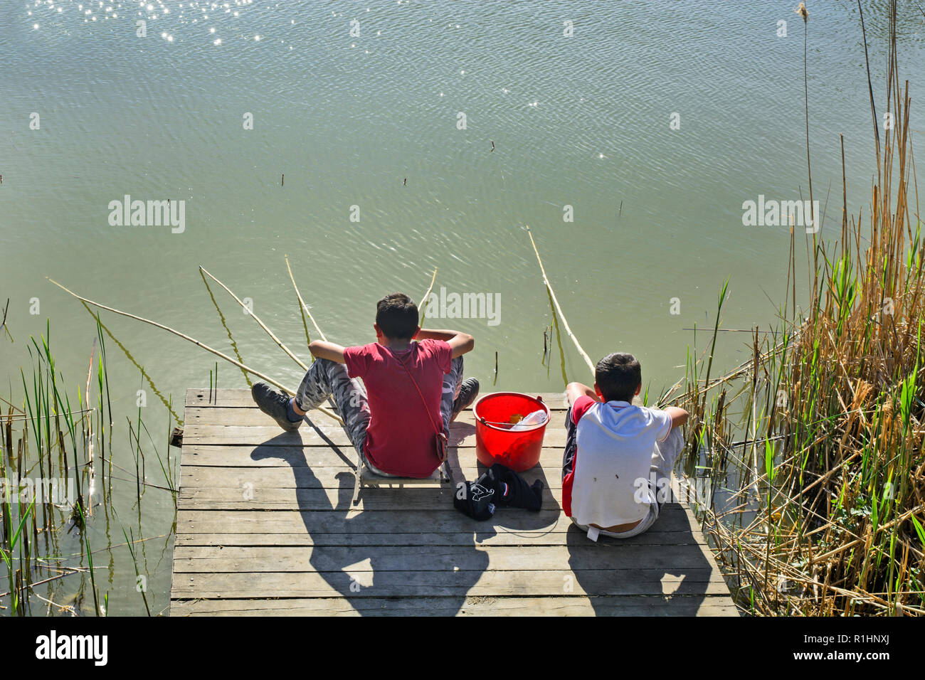 Boy fishing on small lake hi-res stock photography and images - Alamy