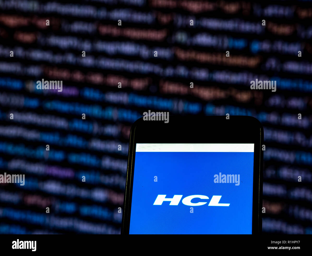 HCL Technologies Software company logo seen displayed on smart phone. HCL Technologies Limited is an Indian multinational technology company, head quartered in Noida, Uttar Pradesh, India. It is a subsidiary of HCL Enterprise. Originally a research and development division of HCL, it emerged as an independent company in 1991 when HCL ventured into the software services business. Stock Photo
