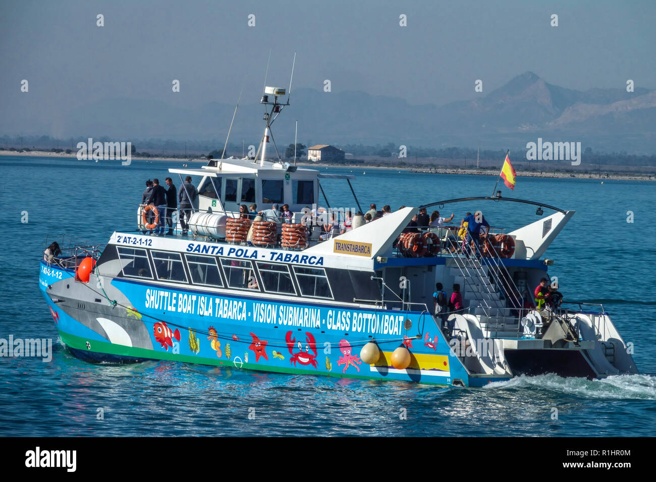 Spain vacation Santa Pola, People on Shuttle boat Santa Pola - Tabarca ferry, Costa Blanca People in Spain Stock Photo