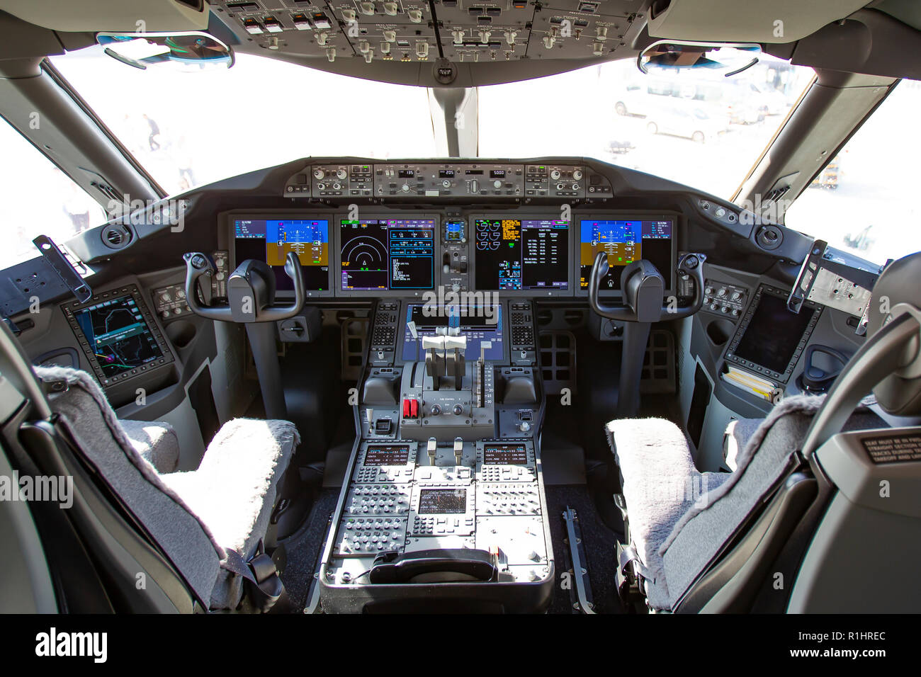 Interior of the cockpit of an El Al Boeing 787-9 Dreamliner Photographed at Ben-Gurion Airport, Israel Stock Photo