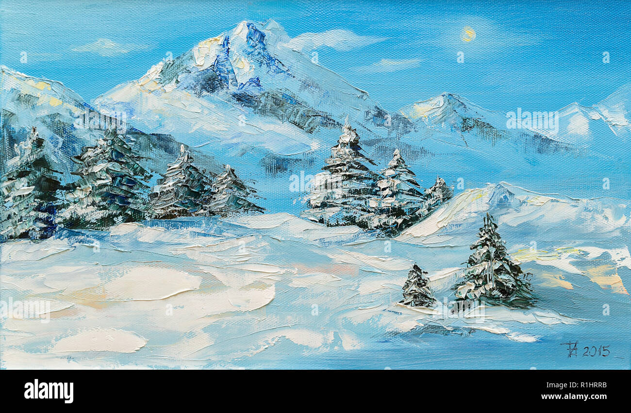 Original oil painting, winter mountain landscape with spruce