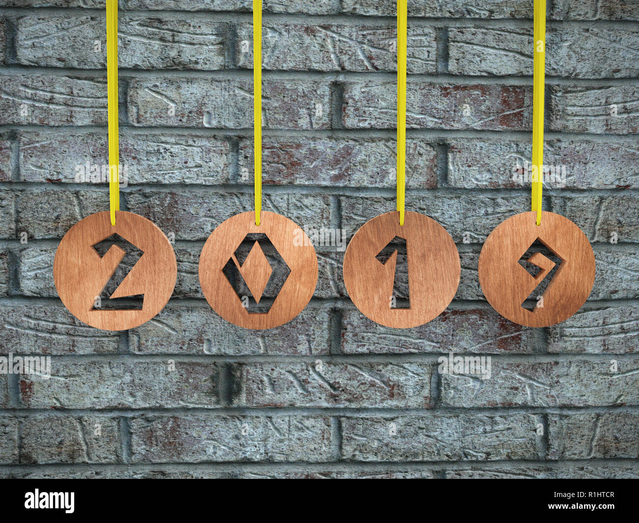 3D render of wooden ringlets with cut out 2019 date hanging against gray brick wall Stock Photo