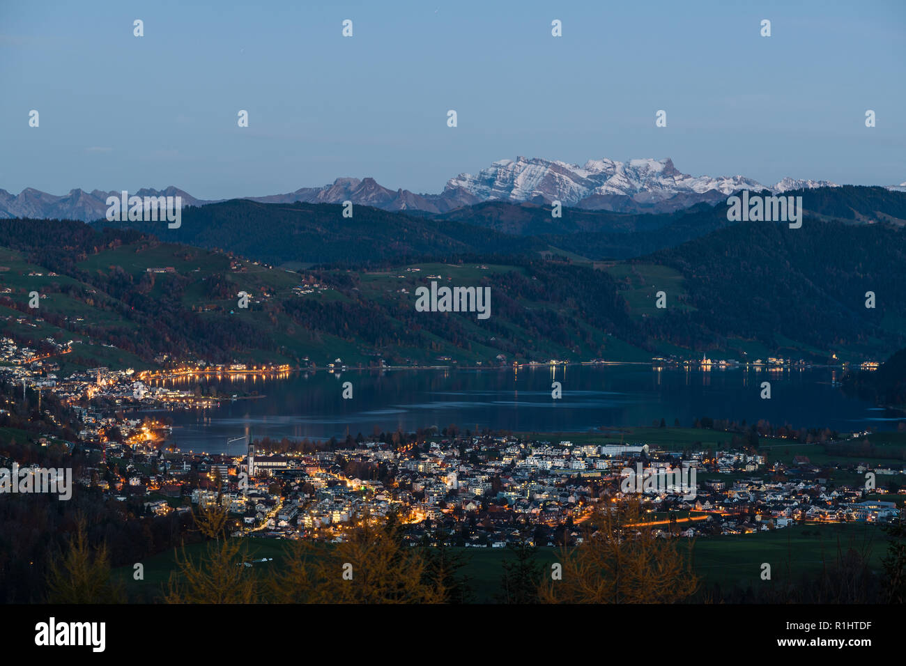 A view on Unterageri and Oberageri villages on the shore of Lake Ageri from the top of Zugerberg mountain in Canton of Zug, Switzerland Stock Photo