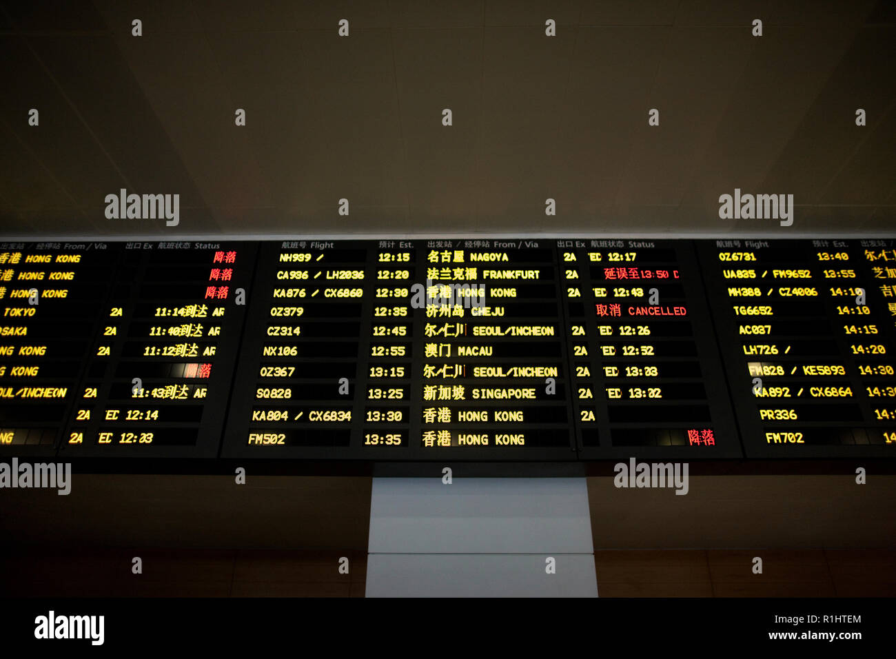 Illuminated arrival and departure board inside an airport Stock Photo ...