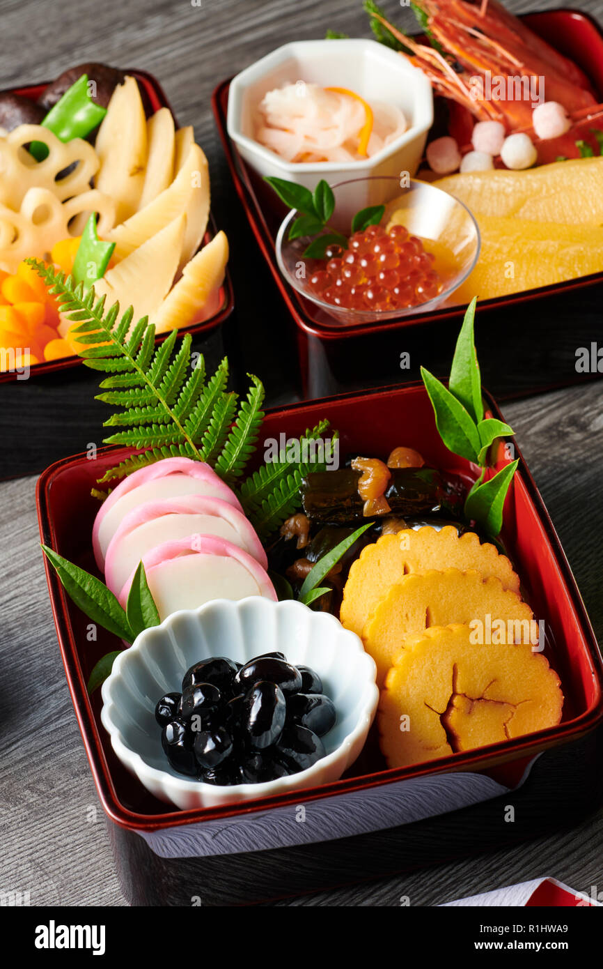 Japanese New Year traditional Osechi dishes Stock Photo