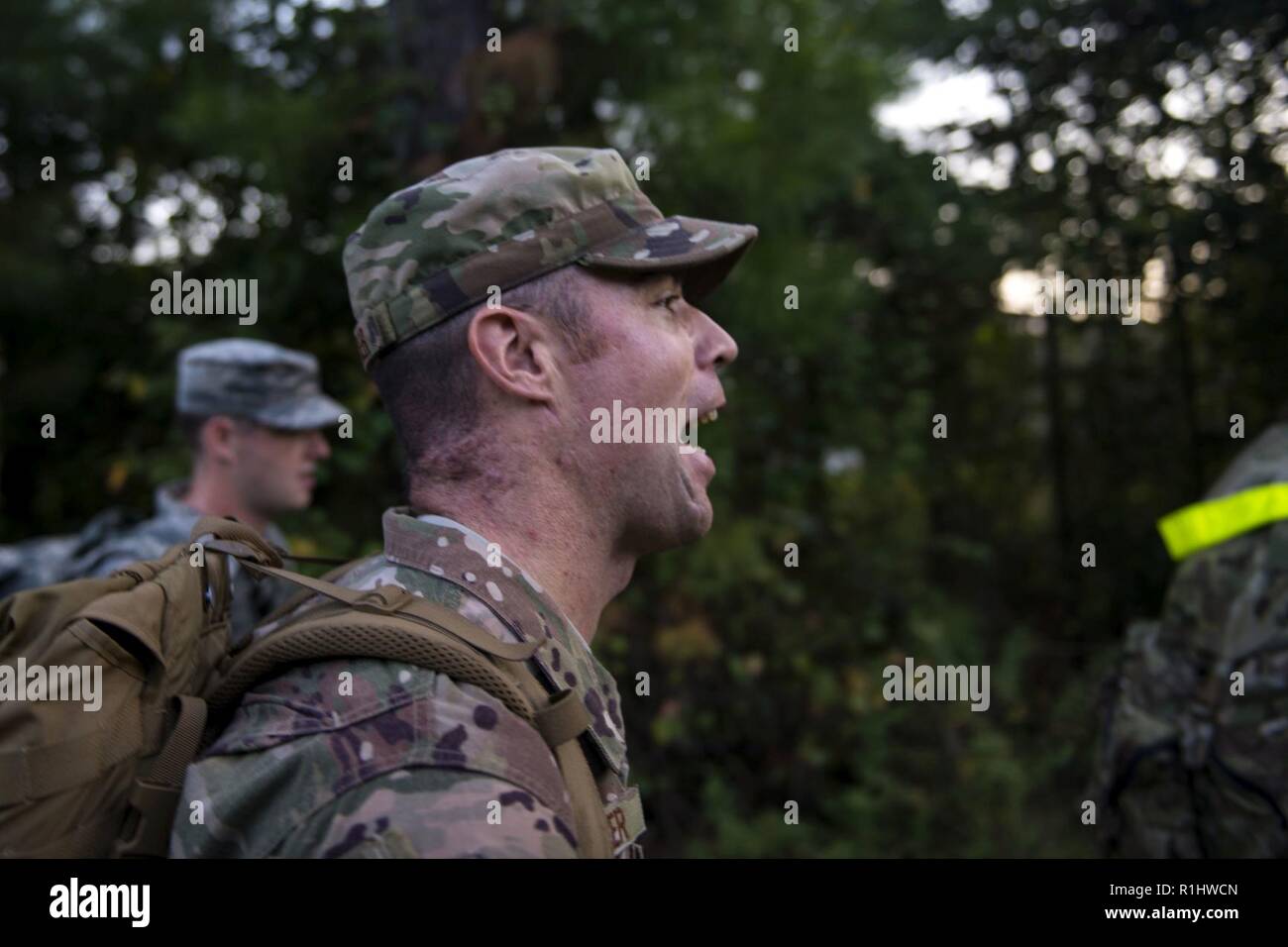 2nd Lt. Daniel Walker, 823d Base Defense Squadron flight commander, calls  out jodies during the POW/MIA Recognition Day ruck march, Sept. 21, 2018,  at Moody Air Force Base, Ga. In 1979, the