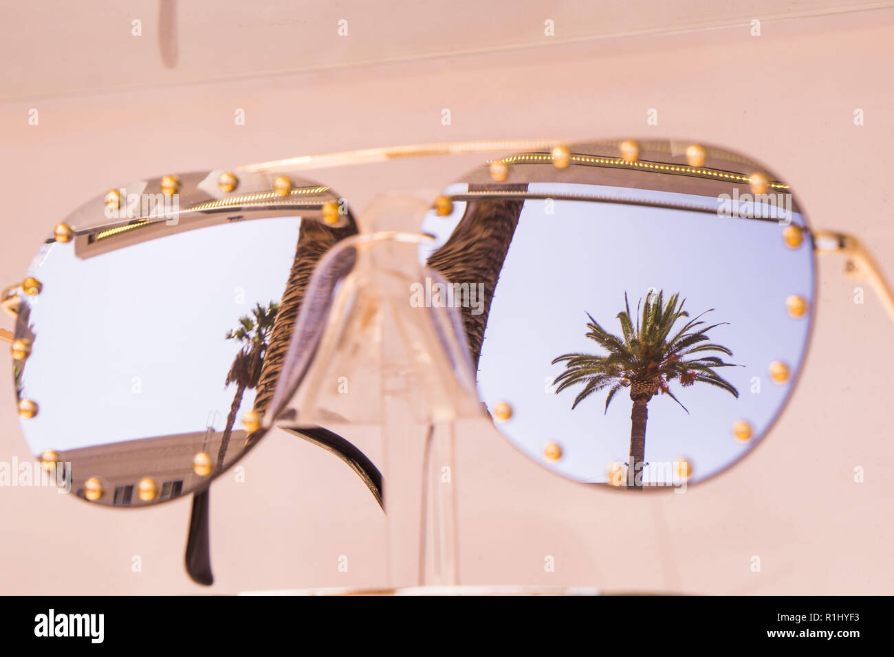 A palm tree reflected in sunglasses in California Stock Photo