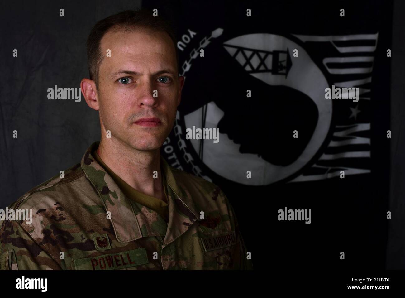 U.S. Air Force Lt. Col. Nathan Powell, 387th Air Expeditionary Squadron commander, poses for a portrait at an undisclosed location in Southwest Asia, Sept. 21, 2018. National POW/MIA Recognition Day is held each year on Sept. 21. There are currently more than 82,000 Americans missing from past conflicts dating back to World War II. Stock Photo