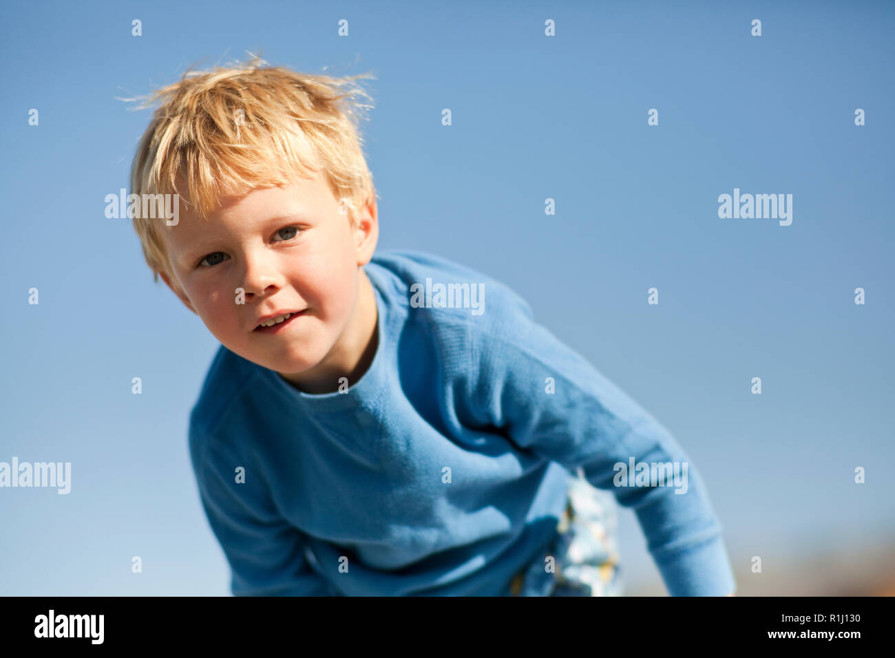 Portrait of preschool age boy at the beach. Stock Photo