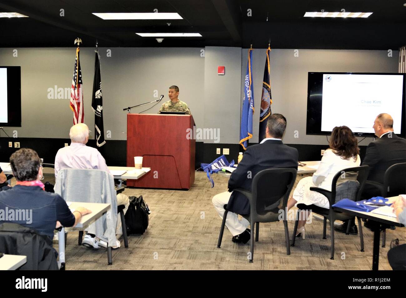 Fort McCoy Garrison Commander Col. Hui Chae Kim provides opening remarks and a welcome to the attendees to the Tomah Veterans Affairs Medical Center Mental Health Summit on Sept. 20, 2018, at Fort McCoy, Wis. The day-long summit featured many guest speakers, demonstrations of Fort McCoy simulations systems, and more. Stock Photo