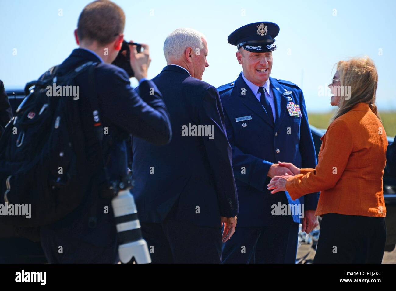 Vice President Mike Pence and Congresswoman Marsha Blackburn are greeted by 134th Air Refueling Wing Vice Commander, Col. Robert Underwood as they exit Air Force Two at McGhee Tyson Air National Guard Base, Tennessee, Sept. 21. Stock Photo