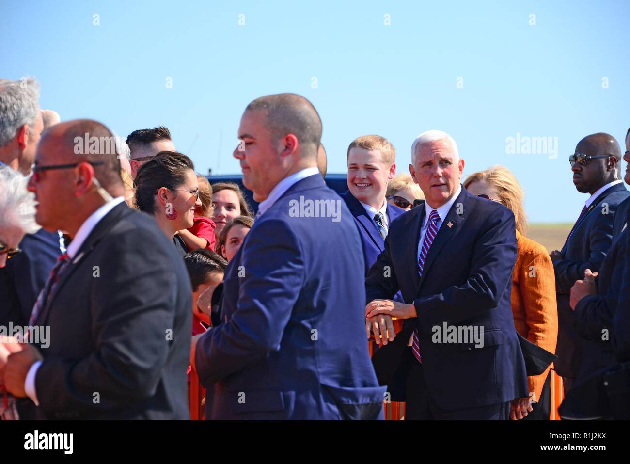 Vice President Mike Pence and Congresswoman Marsha Blackburn visit with the crowd at McGhee Tyson Air National Guard Base, Tennessee, Sept. 21.  prior to traveling to Knoxville for an event. Stock Photo