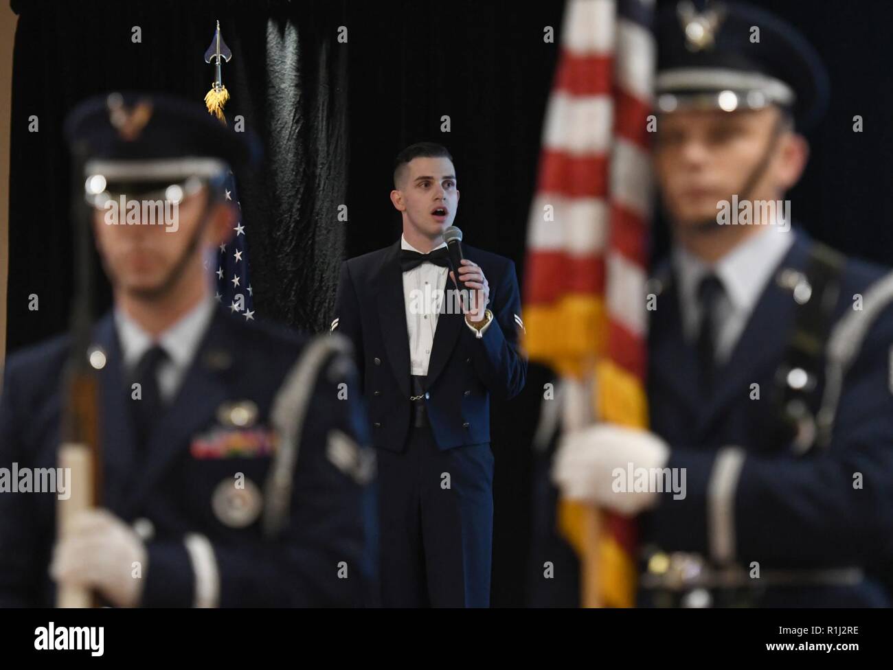 U.S. Air Force Airman 1st Class Jordan Rhea, 81st Force Support Squadron customer support technician, sings the national anthem during the U.S Air Force 71st Birthday Ball at the Imperial Palace Casino, Biloxi, Mississippi, Sept. 22, 2018. The event was hosted by the 81st Training Wing and the John C. Stennis Chapter Air Force Association. Stock Photo