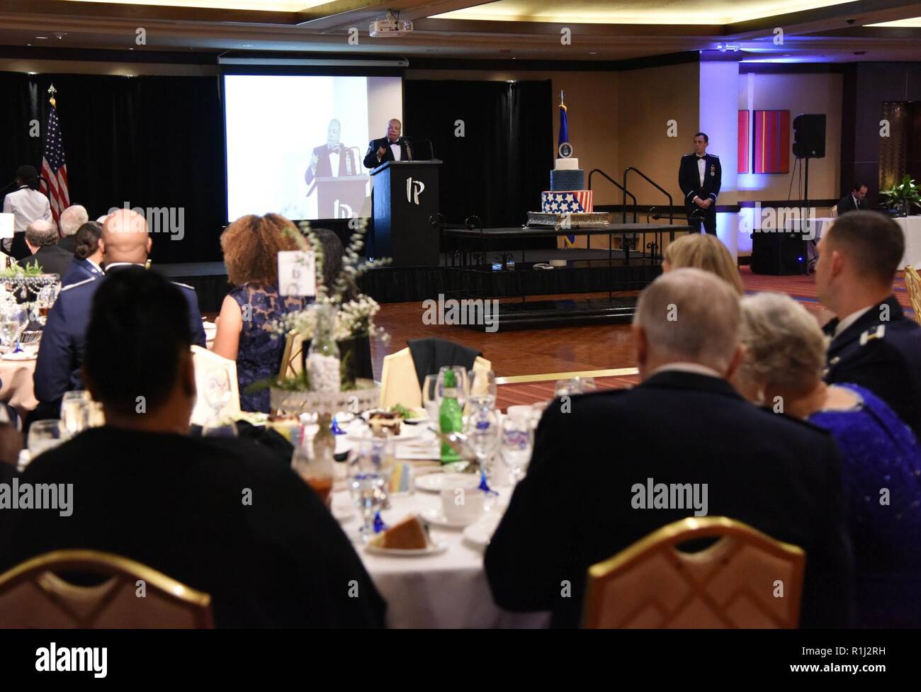 U.S. Air Force Senior Master Sgt. Israel Del Toro, 98th Flying Training Squadron accelerated freefall training program superintendent, U.S. Air Force Academy, Colorado, delivers remarks during the U.S Air Force 71st Birthday Ball at the Imperial Palace Casino, Biloxi, Mississippi, Sept. 22, 2018. The event, hosted by the 81st Training Wing and the John C. Stennis Chapter Air Force Association, also included a cake cutting ceremony. Stock Photo