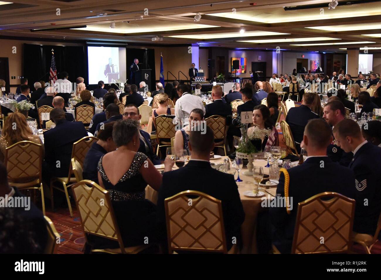 U.S. Air Force Senior Master Sgt. Israel Del Toro, 98th Flying Training Squadron accelerated freefall training program superintendent, U.S. Air Force Academy, Colorado, delivers remarks during the U.S Air Force 71st Birthday Ball at the Imperial Palace Casino, Biloxi, Mississippi, Sept. 22, 2018. The event, hosted by the 81st Training Wing and the John C. Stennis Chapter Air Force Association, also included a cake cutting ceremony. Stock Photo