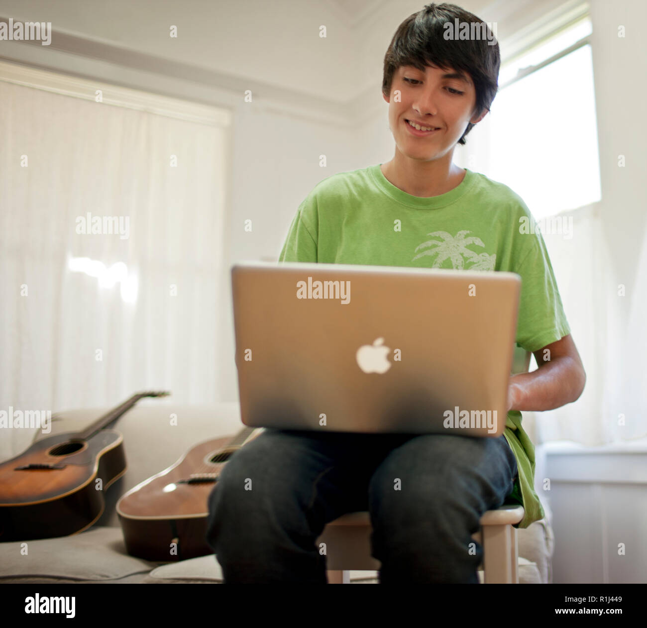 Teenage boy looking at a laptop computer Stock Photo - Alamy