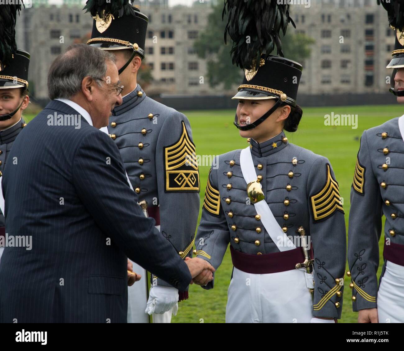 The 23rd U.S. Secretary of Defense and 2018 Sylvanus Thayer Award recipient Leon Panetta engages with West Point cadets at the U.S. Military Academy, in West Point, N.Y.,  Oct. 4, 2018.  The Thayer Award is given to a citizen of the United States, other than a West Point graduate, whose outstanding character, accomplishments, and stature in the civilian community draw wholesome comparison to the qualities for which West Point strives, in keeping with its motto: “Duty, Honor, Country.” Stock Photo