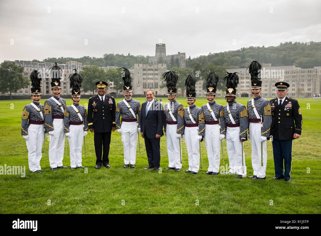 The 23rd U.S. Secretary of Defense Leon Panetta receives the 2018 Sylvanus Thayer Award presented by the West Point Association of Graduates, Oct. 4, 2018 at the U.S. Military Academy at West Point. The Thayer Award is given to a citizen of the United States, other than a West Point graduate, whose outstanding character, accomplishments, and stature in the civilian community draw wholesome comparison to the qualities for which West Point strives, in keeping with its motto: “Duty, Honor, Country.” Stock Photo