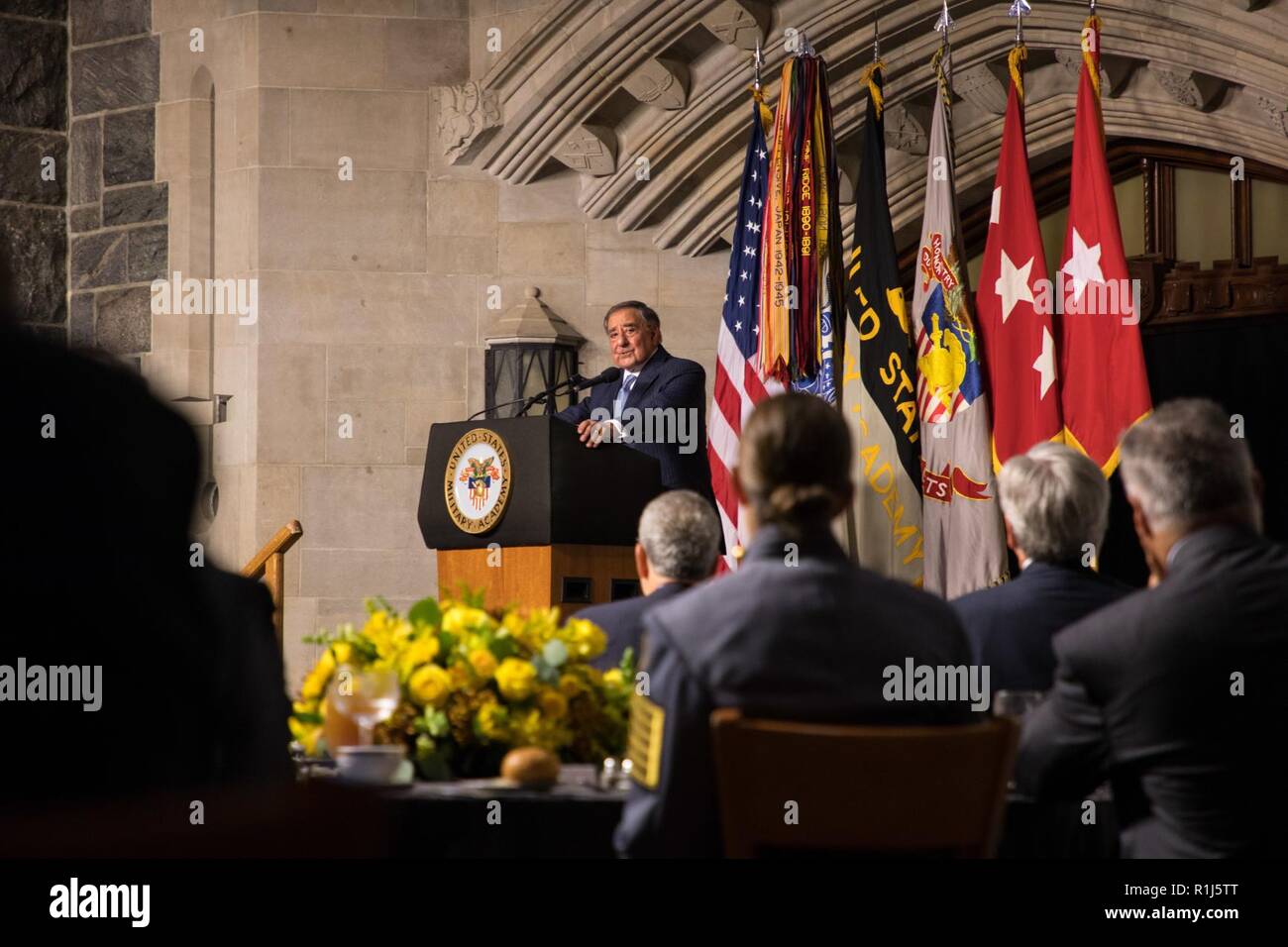 The 23rd U.S. Secretary of Defense Leon Panetta receives the 2018 Sylvanus Thayer Award presented by the West Point Association of Graduates, Oct. 4, 2018 at the U.S. Military Academy at West Point. The Thayer Award is given to a citizen of the United States, other than a West Point graduate, whose outstanding character, accomplishments, and stature in the civilian community draw wholesome comparison to the qualities for which West Point strives, in keeping with its motto: “Duty, Honor, Country.” Stock Photo