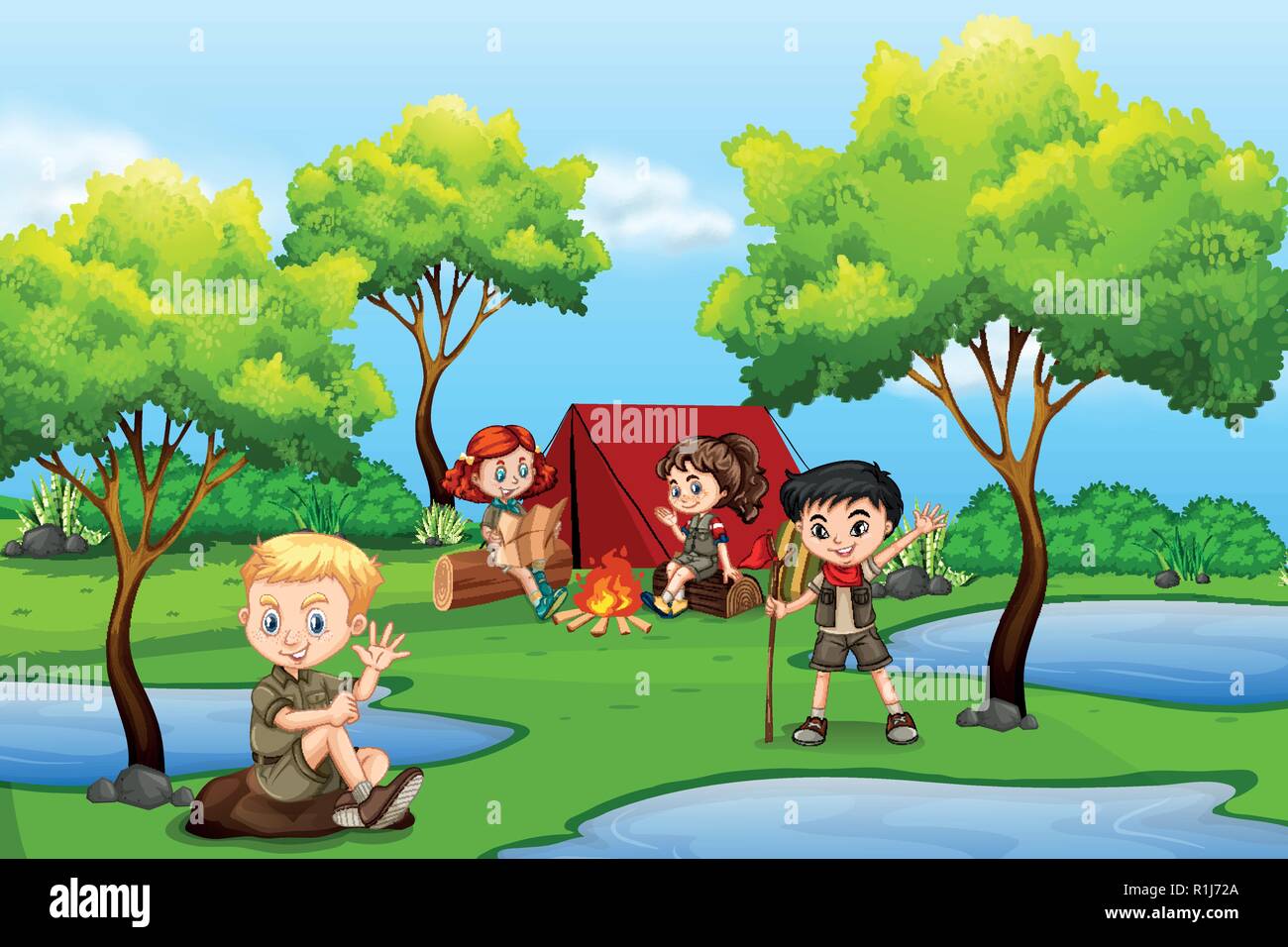 Camping kids in the forest illustration Stock Vector Image & Art - Alamy