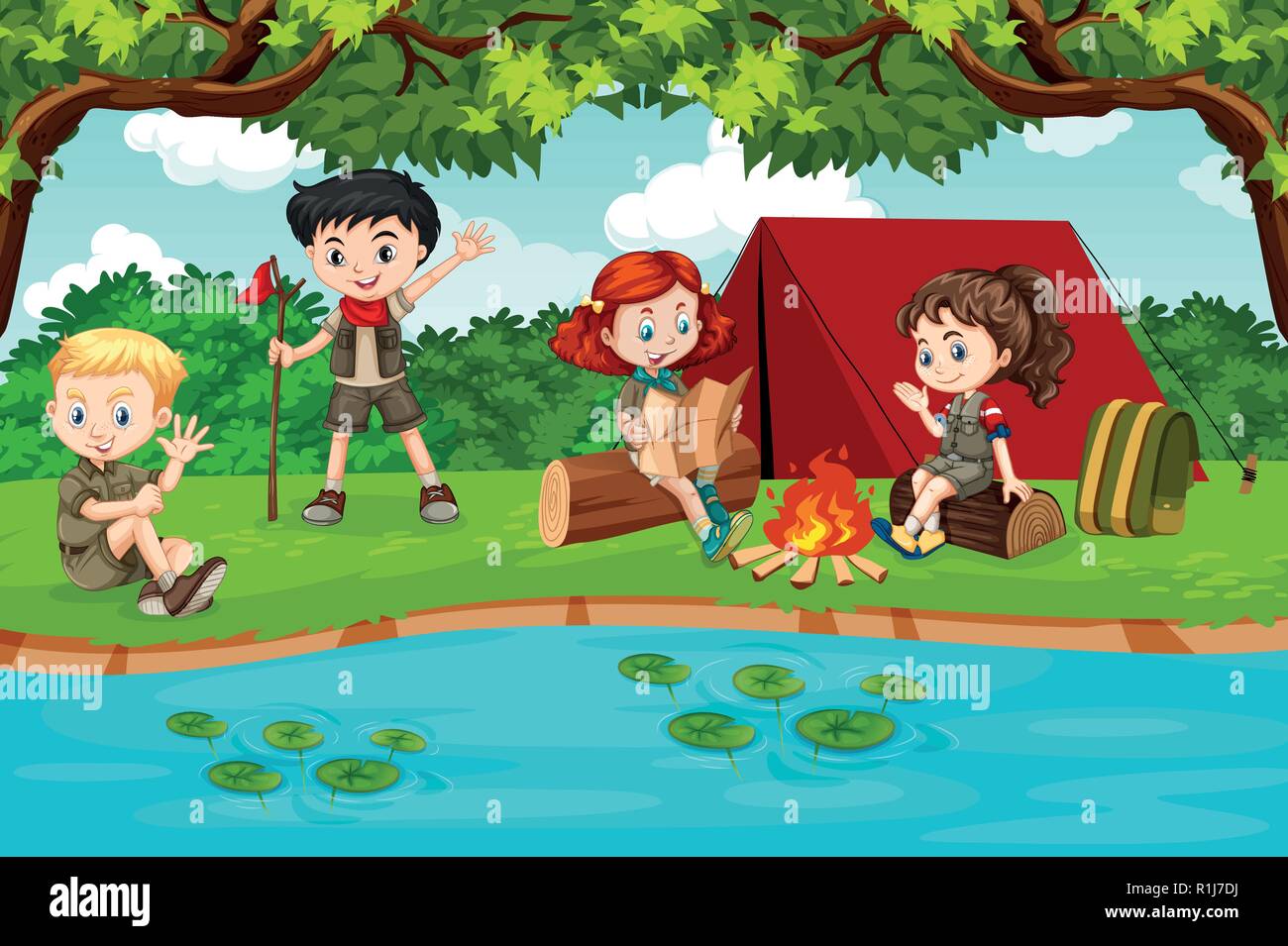 Boy and girl scout camping in nature illustration Stock Vector Image