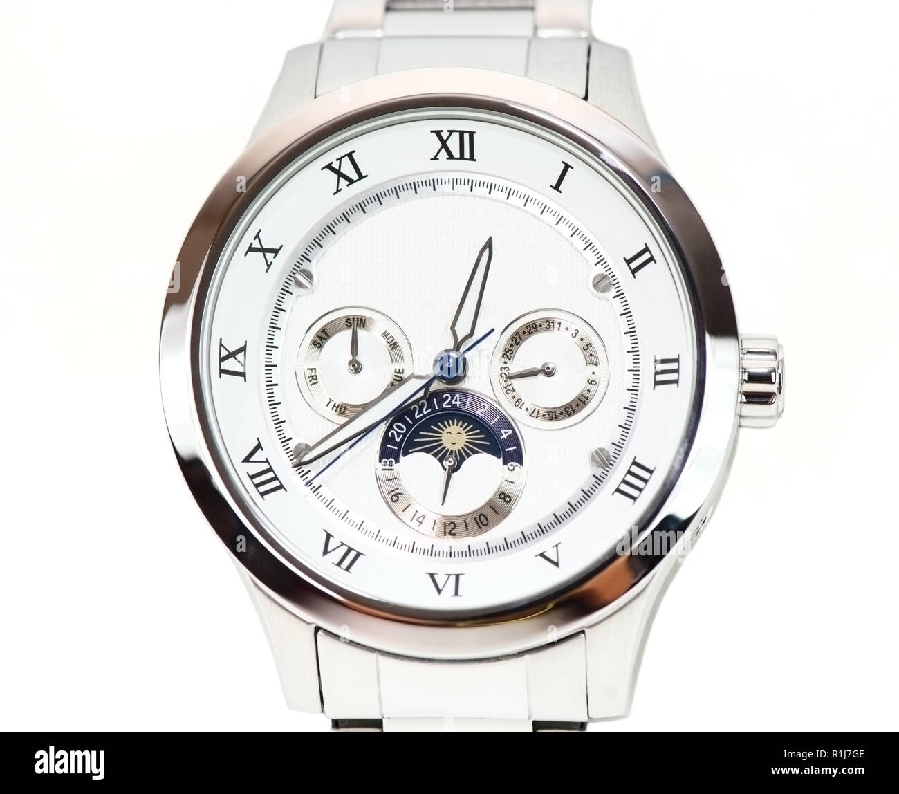 Silver automatic wristwatch isolated on white background Stock Photo