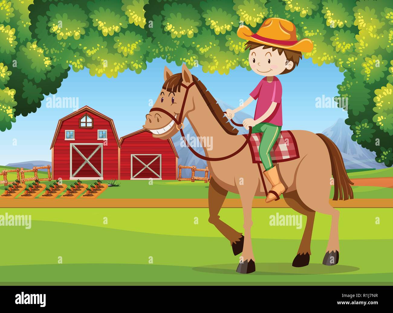 A boy riding horse at farmland illustration Stock Vector Image & Art