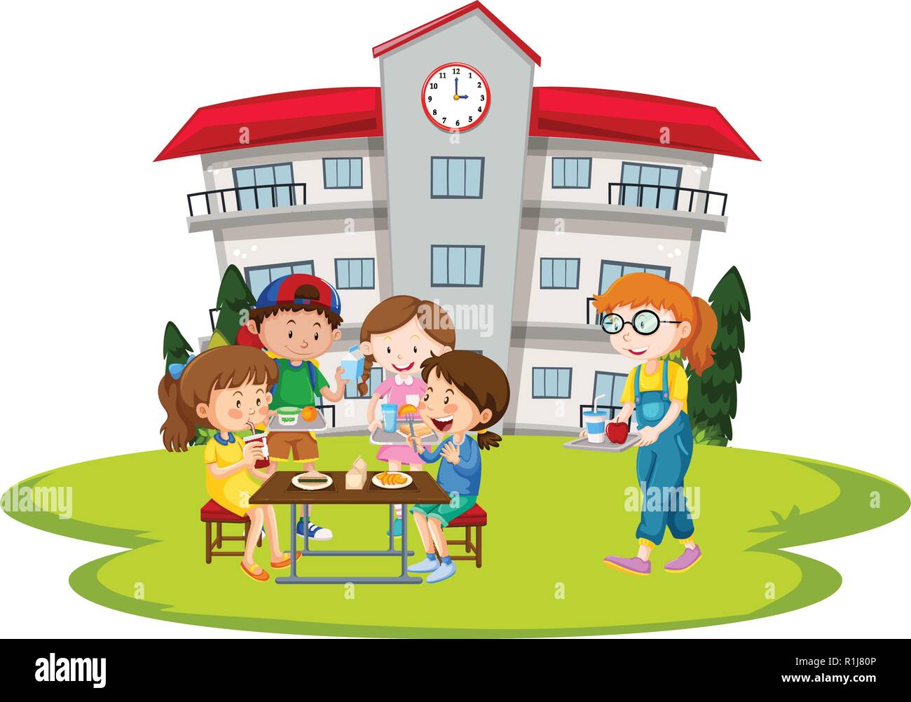 https://c8.alamy.com/comp/R1J80P/children-having-lunch-at-school-illustration-R1J80P.jpg