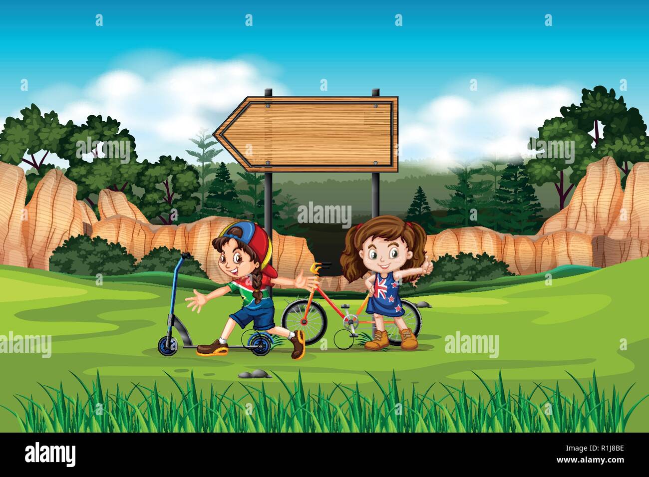 Two girls with bikes and scooters illustration Stock Vector