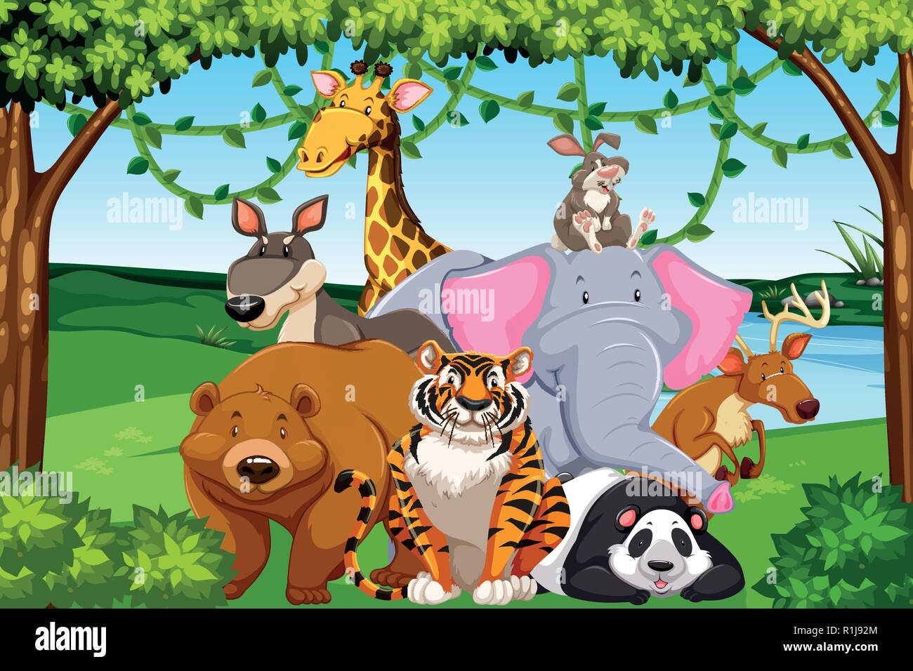 Wild animals in the forest illustration Stock Vector