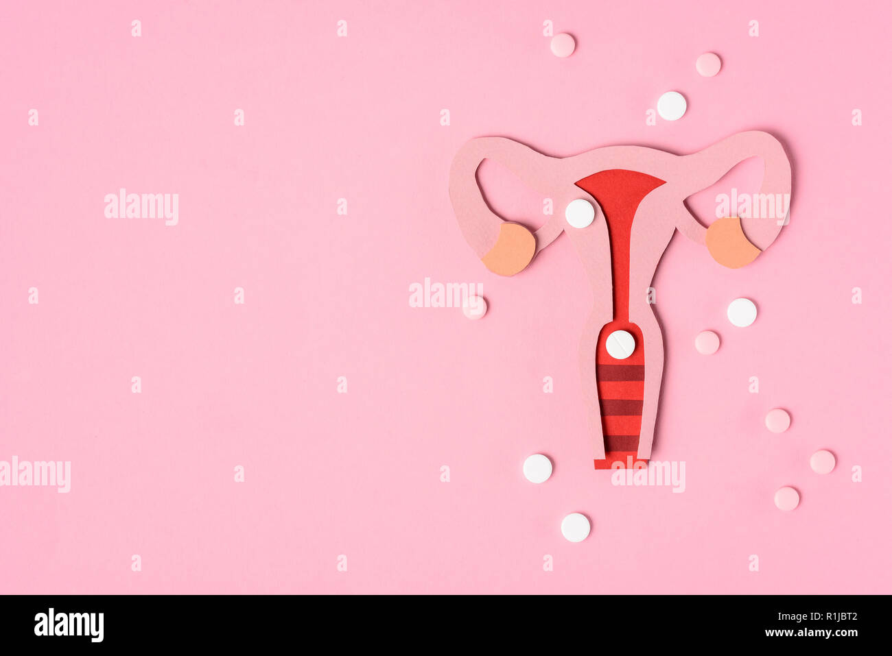 top view of female reproductive system and pills on pink Stock Photo ...