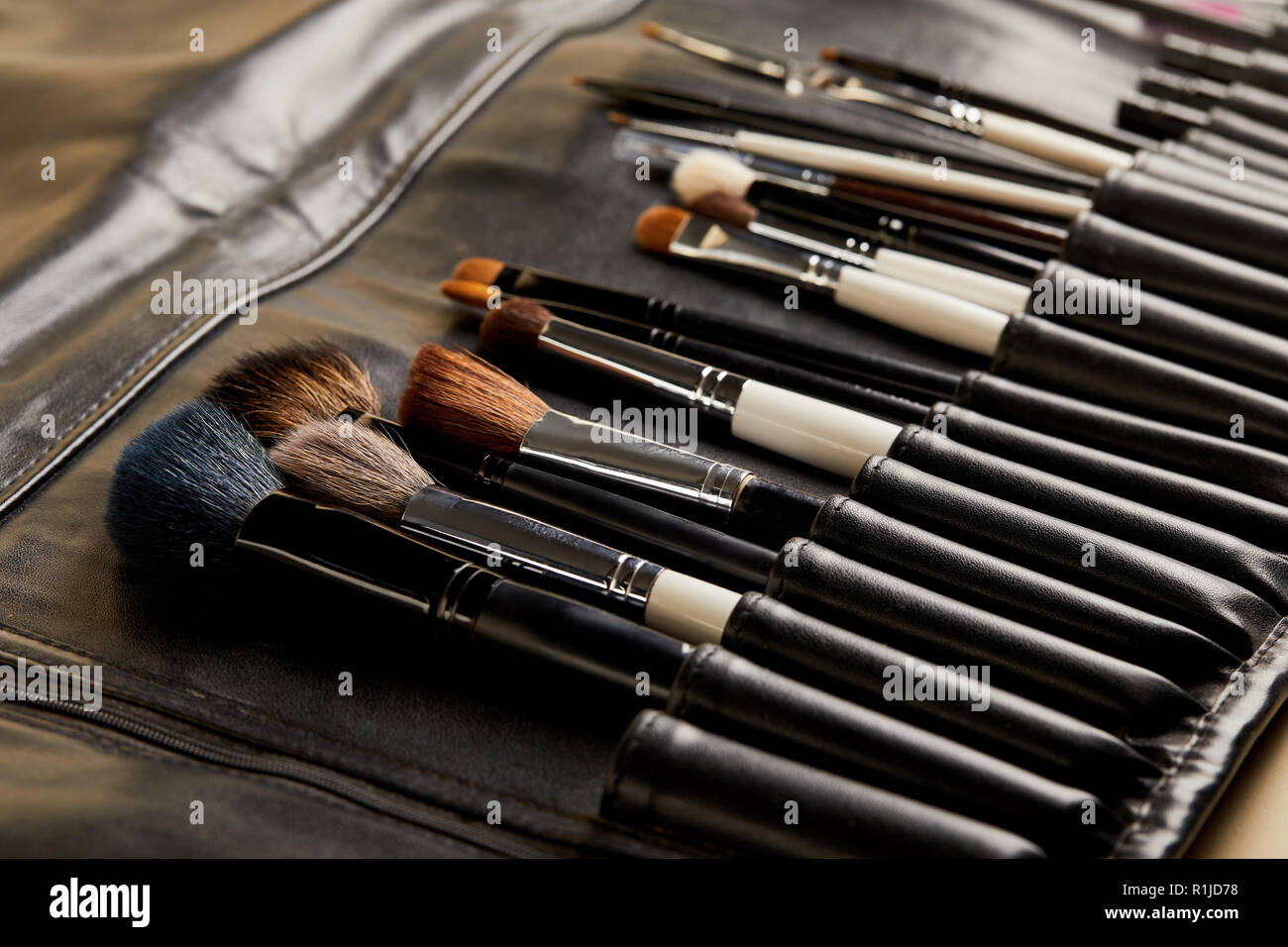 close-up shot of leather holder with professional makeup brushes Stock Photo