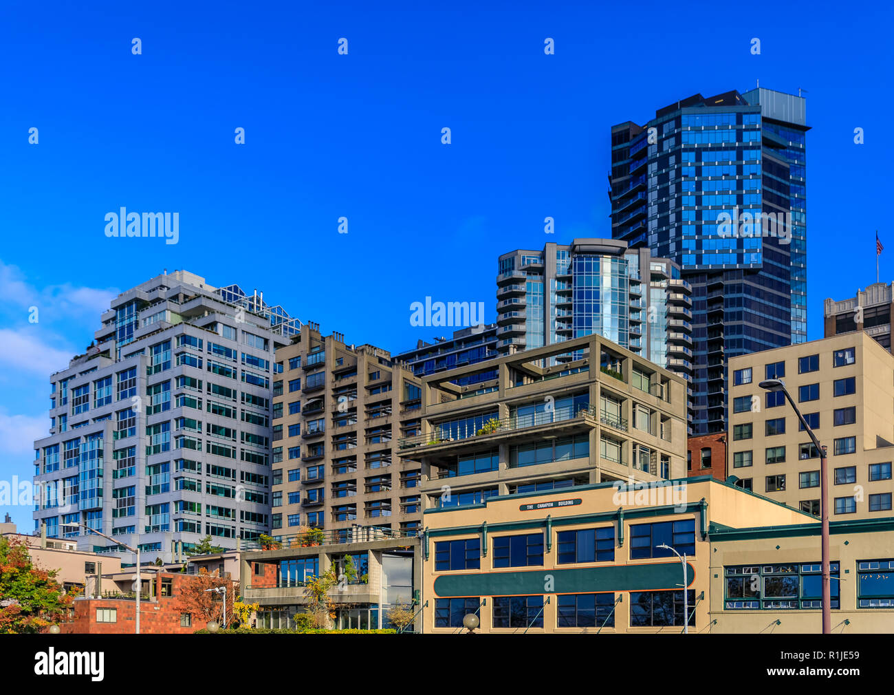 Seattle terraced waterfront skyline by the Pike Place Market Stock