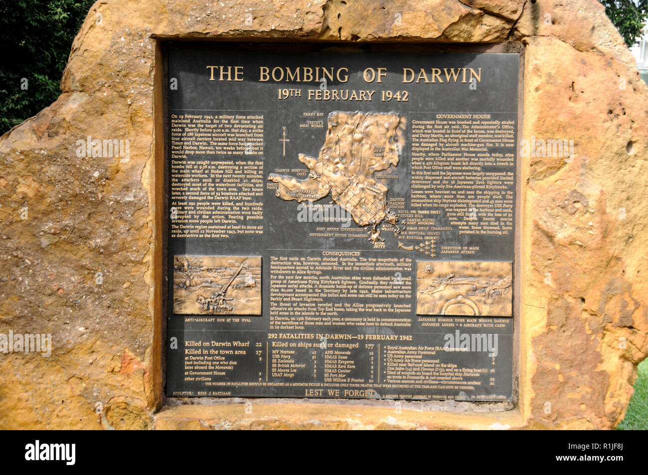 The bombing of Darwin memorial to the victims of the Japanese bombing of Darwin,  on the 19th February 1942, at Darwin in the Northern Territory, Aust Stock Photo