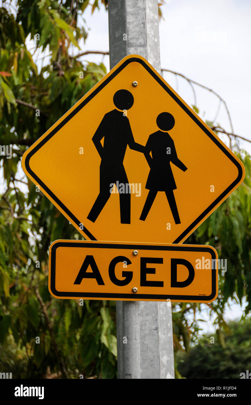 A road sign warning motorists of old people in Darwin, Australia Stock Photo